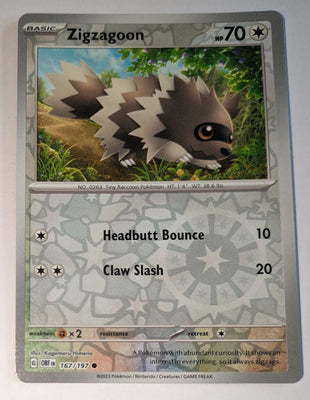 English Pokemon Scarlet & Violet Obsidian Flames 167/197 Zigzagoon Reverse Holo